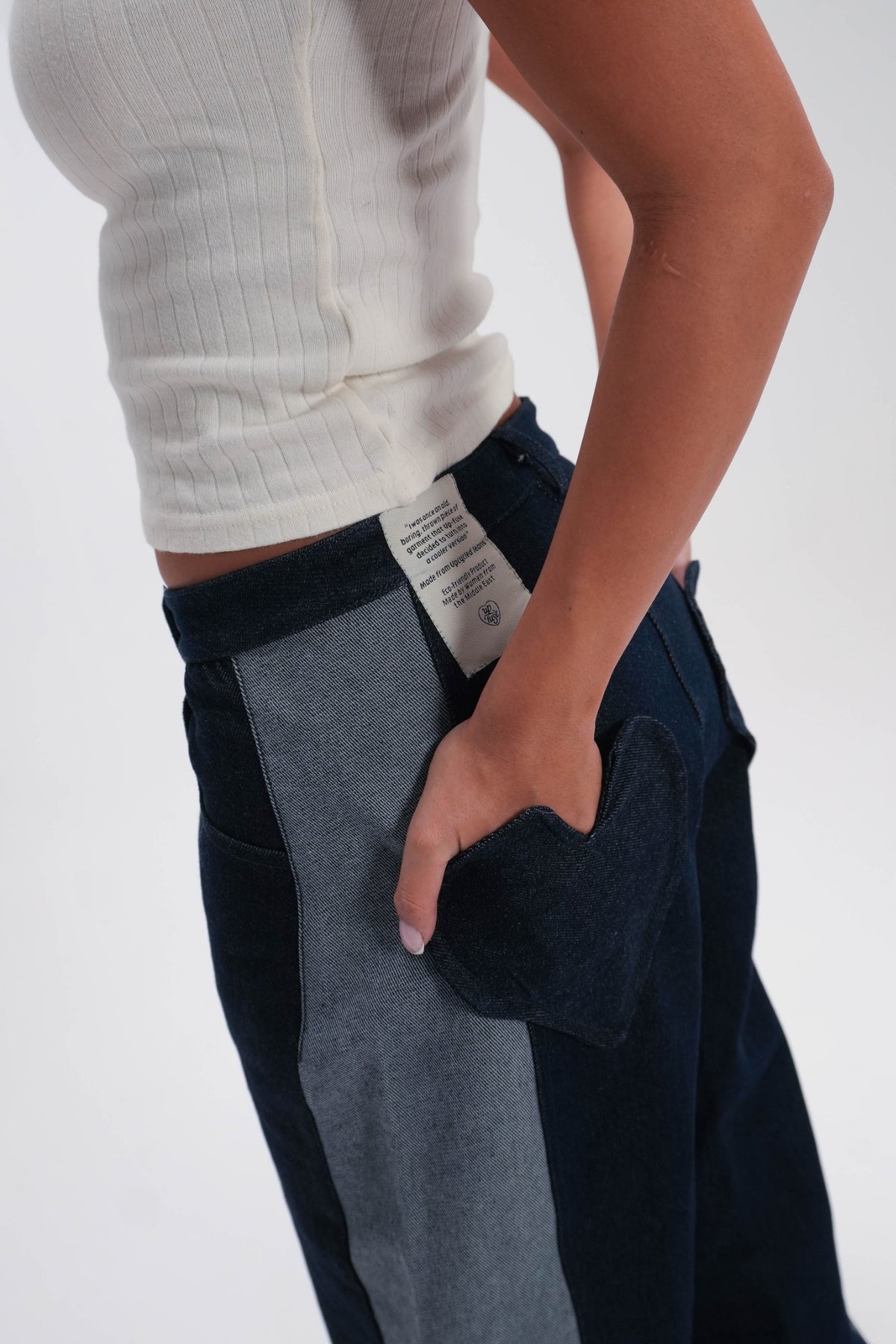 Up-Fuse Heart Pocket Denim Pants heart-shaped back pocket close-up
